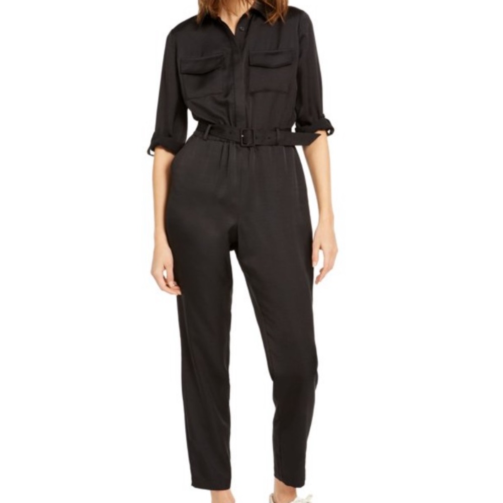 INC Womens Black Cuffed V Neck Button Up Skinny Jumpsuit